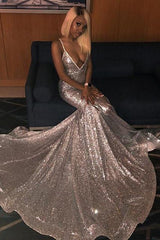 Alluring Spaghetti straps Glittering Sequins Sleeveless Mermaid Open Back Evening Dresses-Ballbella