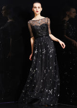 Amazing Bateau Neck Illusion Sweetheart Sequin Star Half Sleeves Tulle evening dress-Ballbella