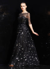 Amazing Bateau Neck Illusion Sweetheart Sequin Star Half Sleeves Tulle evening dress-Ballbella