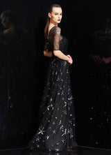 Amazing Bateau Neck Illusion Sweetheart Sequin Star Half Sleeves Tulle evening dress-Ballbella