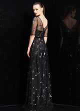 Amazing Bateau Neck Illusion Sweetheart Sequin Star Half Sleeves Tulle evening dress-Ballbella