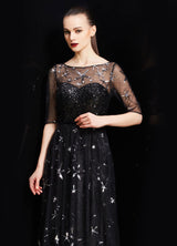 Amazing Bateau Neck Illusion Sweetheart Sequin Star Half Sleeves Tulle evening dress-Ballbella
