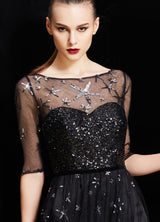 Amazing Bateau Neck Illusion Sweetheart Sequin Star Half Sleeves Tulle evening dress-Ballbella