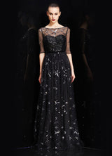 Amazing Bateau Neck Illusion Sweetheart Sequin Star Half Sleeves Tulle evening dress-Ballbella