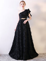 Amazing Black Evening Dress One Shoulder evening dress Long Lace Ruffles Floor Length Formal Dress With Sash-Ballbella