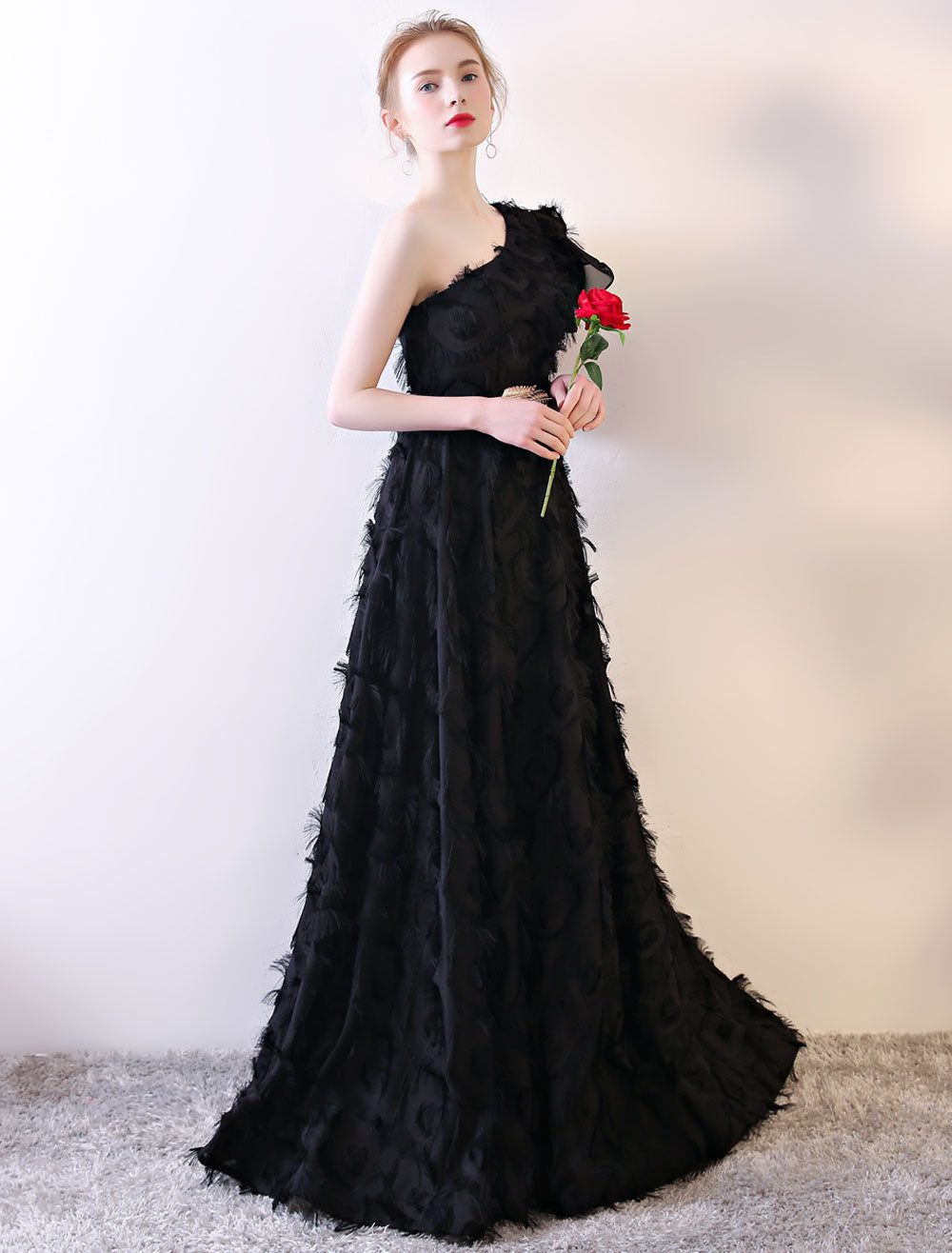 Amazing Black Evening Dress One Shoulder Evening Dress Long Lace Ruffles Floor Length Formal Dress With Sash Amazing Black Evening Dress One Shoulder Evening Dress Long Lace Ruffles Floor Length Formal Dress With Sash