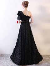 Amazing Black Evening Dress One Shoulder evening dress Long Lace Ruffles Floor Length Formal Dress With Sash-Ballbella