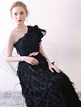 Amazing Black Evening Dress One Shoulder evening dress Long Lace Ruffles Floor Length Formal Dress With Sash-Ballbella