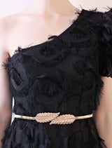 Amazing Black Evening Dress One Shoulder evening dress Long Lace Ruffles Floor Length Formal Dress With Sash-Ballbella