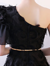 Amazing Black Evening Dress One Shoulder evening dress Long Lace Ruffles Floor Length Formal Dress With Sash-Ballbella