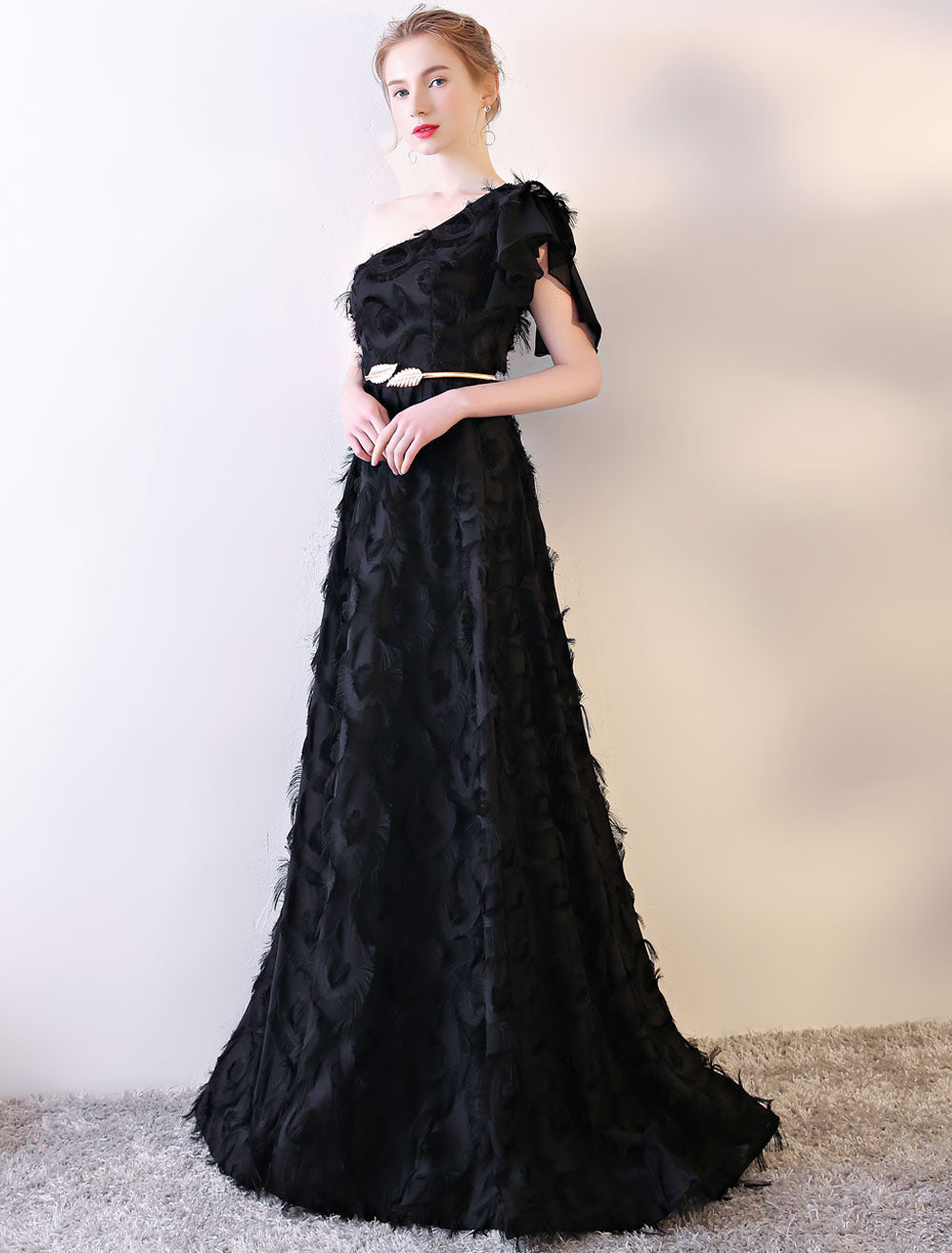 Amazing Black Evening Dress One Shoulder Evening Dress Long Lace Ruffles Floor Length Formal Dress With Sash Amazing Black Evening Dress One Shoulder Evening Dress Long Lace Ruffles Floor Length Formal Dress With Sash