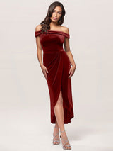 Amazing Burgundy Evening Dress Sheath Bateau Neck Tea-Length Zipper Pleated Velour Formal Dinner Dresses-Ballbella