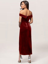 Amazing Burgundy Evening Dress Sheath Bateau Neck Tea-Length Zipper Pleated Velour Formal Dinner Dresses-Ballbella