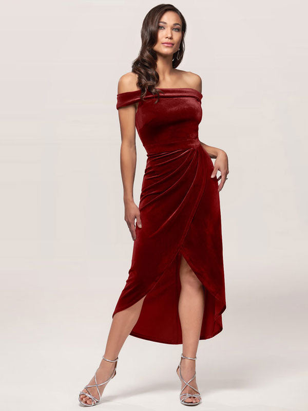 Amazing Burgundy Evening Dress Sheath Bateau Neck Tea-Length Zipper Pleated Velour Formal Dinner Dresses Amazing Burgundy Evening Dress Sheath Bateau Neck Tea-Length Zipper Pleated Velour Formal Dinner Dresses