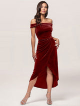Amazing Burgundy Evening Dress Sheath Bateau Neck Tea-Length Zipper Pleated Velour Formal Dinner Dresses-Ballbella
