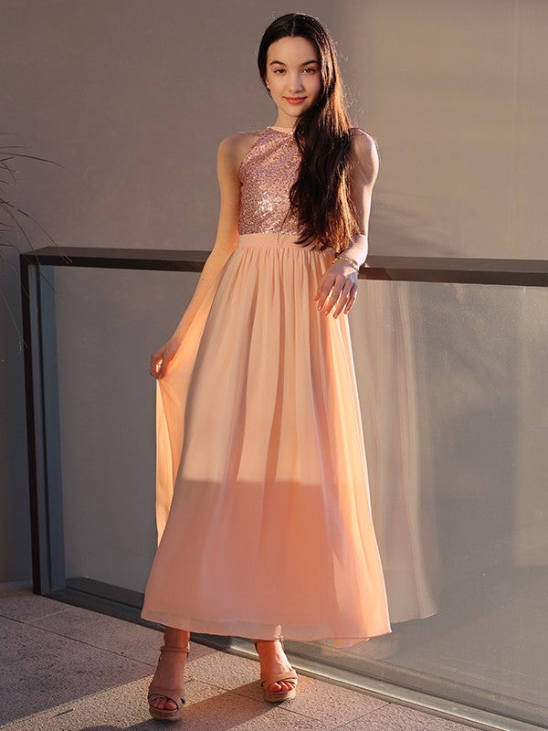 Amazing Chiffon Sequin Scoop Sleeveless Ankle-Length Junior/Girls Bridesmaid Dresses Amazing Chiffon Sequin Scoop Sleeveless Ankle-Length Junior/Girls Bridesmaid Dresses