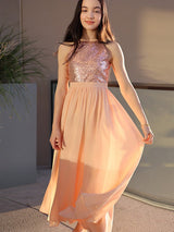 Amazing Chiffon Sequin Scoop Sleeveless Ankle-Length Junior/Girls Bridesmaid Dresses-Ballbella