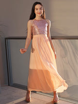 Amazing Chiffon Sequin Scoop Sleeveless Ankle-Length Junior/Girls Bridesmaid Dresses-Ballbella