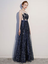 Amazing Dark Navy Evening Dresses Lace Sequin Illusion Sleeveless Floor Length Evening Dress-Ballbella