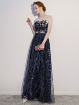 Amazing Dark Navy Evening Dresses Lace Sequin Illusion Sleeveless Floor Length Evening Dress-Ballbella
