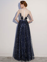 Amazing Dark Navy Evening Dresses Lace Sequin Illusion Sleeveless Floor Length Evening Dress-Ballbella
