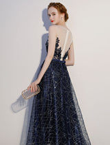 Amazing Dark Navy Evening Dresses Lace Sequin Illusion Sleeveless Floor Length Evening Dress-Ballbella