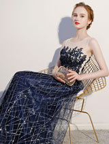 Amazing Dark Navy Evening Dresses Lace Sequin Illusion Sleeveless Floor Length Evening Dress-Ballbella