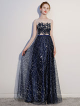 Amazing Dark Navy Evening Dresses Lace Sequin Illusion Sleeveless Floor Length Evening Dress-Ballbella