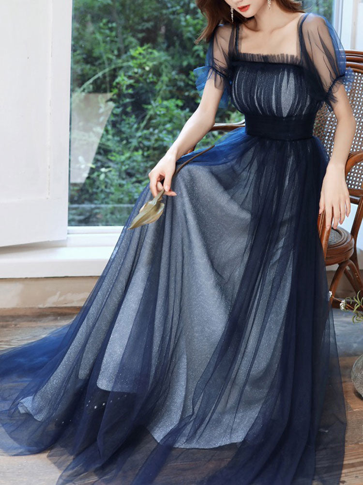 Amazing Evening Dress A-Line Square Neck Floor-Length Short Sleeves Zipper Pleated Tulle Formal Dinner Dresses Pageant Dress Amazing Evening Dress A-Line Square Neck Floor-Length Short Sleeves Zipper Pleated Tulle Formal Dinner Dresses Pageant Dress