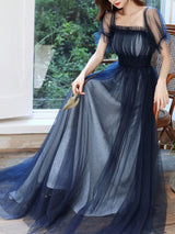 Amazing Evening Dress A-Line Square Neck Floor-Length Short Sleeves Zipper Pleated Tulle Formal Dinner Dresses Pageant Dress-Ballbella