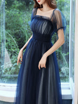 Amazing Evening Dress A-Line Square Neck Floor-Length Short Sleeves Zipper Pleated Tulle Formal Dinner Dresses Pageant Dress-Ballbella