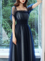 Amazing Evening Dress A-Line Square Neck Floor-Length Short Sleeves Zipper Pleated Tulle Formal Dinner Dresses Pageant Dress-Ballbella