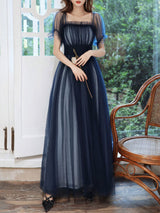 Amazing Evening Dress A-Line Square Neck Floor-Length Short Sleeves Zipper Pleated Tulle Formal Dinner Dresses Pageant Dress-Ballbella