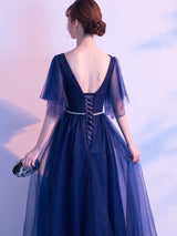 Amazing Evening Dress A Line V Neck Matte Satin Floor Length Sequins Formal Party Dresses-Ballbella