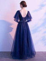 Amazing Evening Dress A Line V Neck Matte Satin Floor Length Sequins Formal Party Dresses-Ballbella