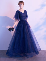 Amazing Evening Dress A Line V Neck Matte Satin Floor Length Sequins Formal Party Dresses-Ballbella