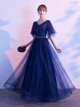 Amazing Evening Dress A Line V Neck Matte Satin Floor Length Sequins Formal Party Dresses-Ballbella