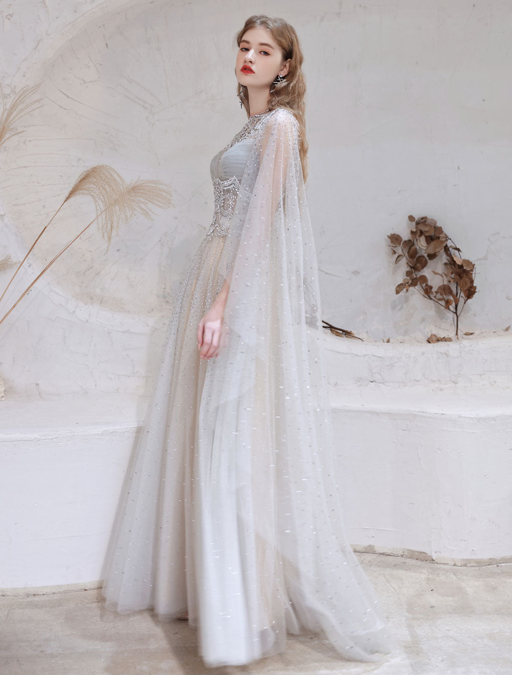 Amazing Evening Dress Light Grey A Line Jewel Neck Floor Length Sleeve Ballbella Amazing Evening Dress Light Grey A Line Jewel Neck Floor Length Sleeve Ballbella