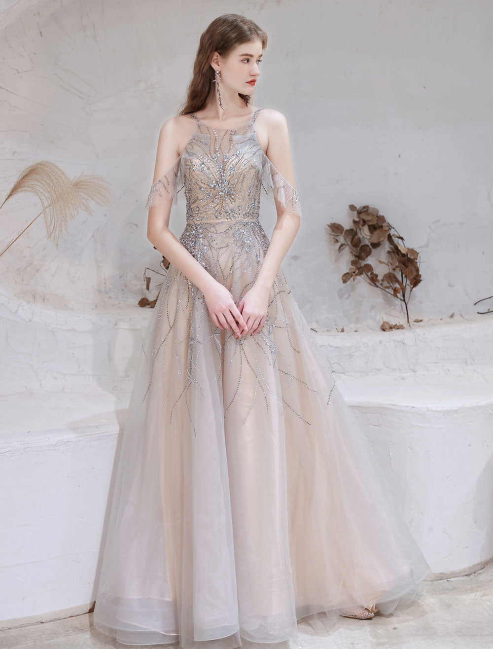 Amazing Evening Dress Nude Color A Line Bateau Neck With Train Sleeveless Zipper Formal Party Dresses Pageant Dress Amazing Evening Dress Nude Color A Line Bateau Neck With Train Sleeveless Zipper Formal Party Dresses Pageant Dress