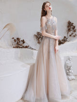 Amazing Evening Dress Nude Color A Line Bateau Neck With Train Sleeveless Zipper Formal Party Dresses Pageant Dress-Ballbella