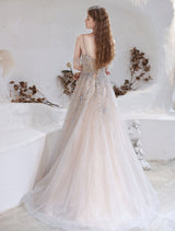 Amazing Evening Dress Nude Color A Line Bateau Neck With Train Sleeveless Zipper Formal Party Dresses Pageant Dress-Ballbella