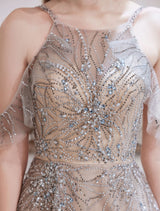 Amazing Evening Dress Nude Color A Line Bateau Neck With Train Sleeveless Zipper Formal Party Dresses Pageant Dress-Ballbella