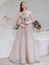 Amazing Evening Dress Nude Color A Line Bateau Neck With Train Sleeveless Zipper Formal Party Dresses Pageant Dress-Ballbella