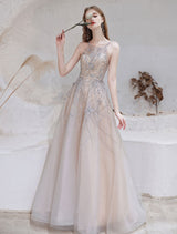 Amazing Evening Dress Nude Color A Line Bateau Neck With Train Sleeveless Zipper Formal Party Dresses Pageant Dress-Ballbella