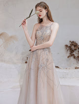 Evening Dress Nude Color A Line Bateau Neck With Train Sleeveless Zipper Formal Party Dresses Pageant Dress