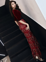 Amazing Evening Dress Sheath V Neck Velour Floor Length Sash Social Party Dresses-Ballbella