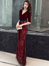 Amazing Evening Dress Sheath V Neck Velour Floor Length Sash Social Party Dresses-Ballbella