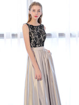 Amazing Evening Dresses Satin Lace evening dress Sleeveless Backless Pleated Pockets Floor Length Formal Dress-Ballbella