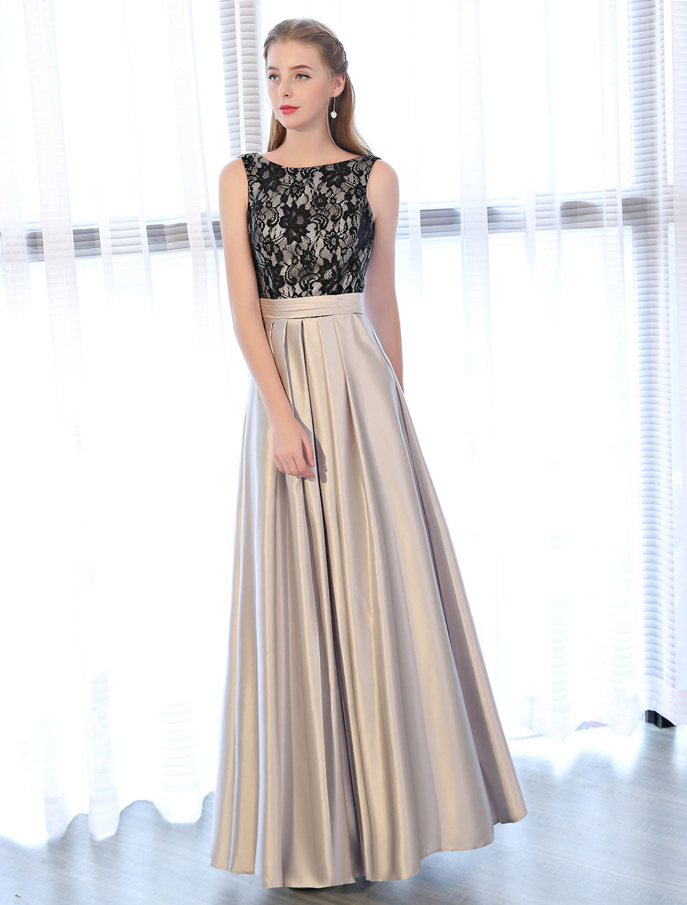 Amazing Evening Dresses Satin Lace Evening Dress Sleeveless Backless Pleated Pockets Floor Length Formal Dress Amazing Evening Dresses Satin Lace Evening Dress Sleeveless Backless Pleated Pockets Floor Length Formal Dress