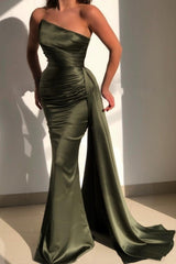 Amazing Green Strapless Sleeveless Mermaid Evening Dresses With Ruffles-Ballbella